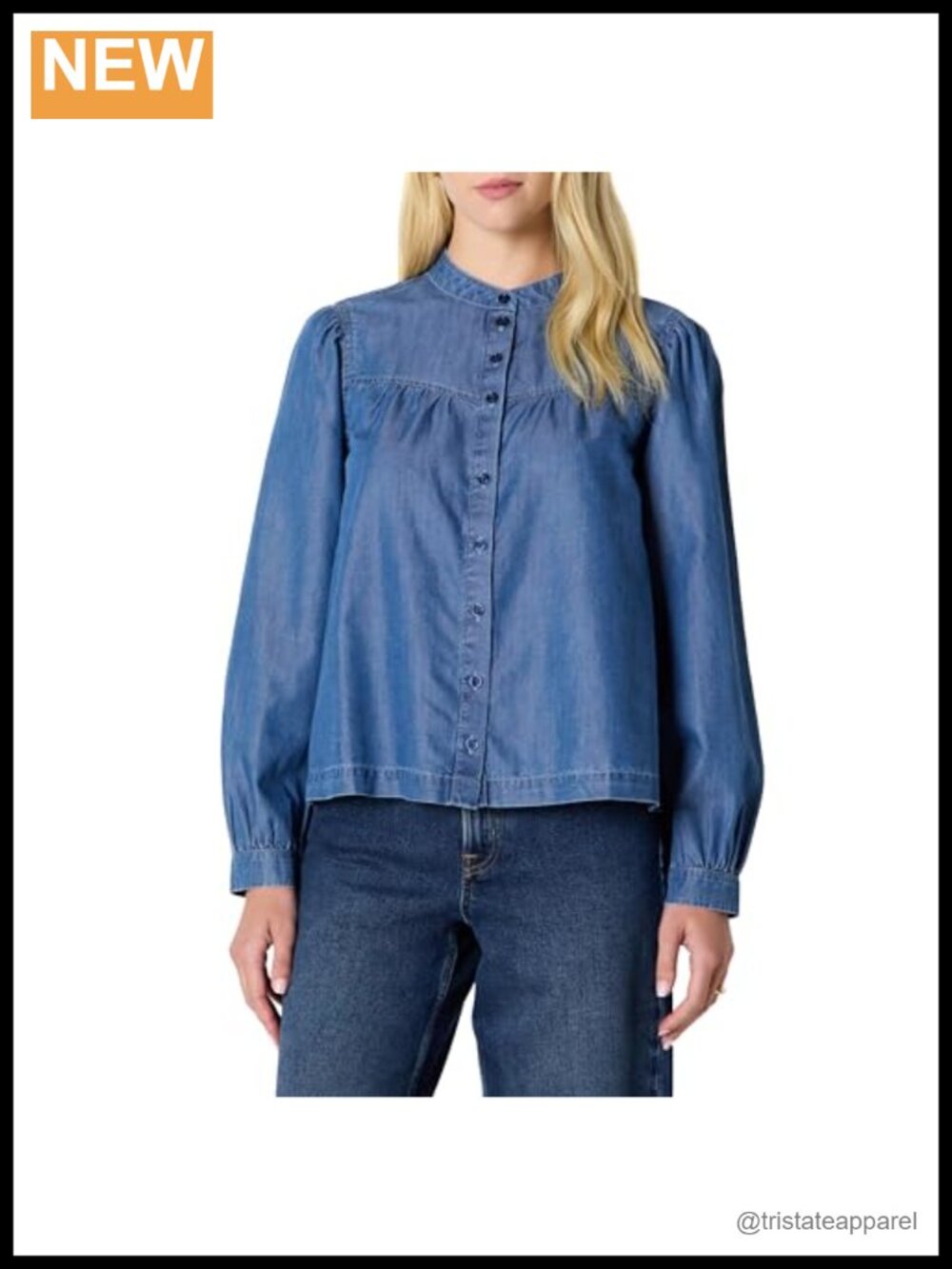 Relaxed Fit Denim Chambray Tunic Top with Blouson Sleeves Cotton Lyocell Blend